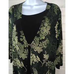 CHOICES Sz PETITES LARGE PL Green Black Floral 3/4 Sleeve Tunic Slinky EUC
